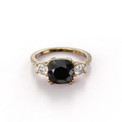 Cushion Cut Black Diamond Three Stone Engagement Ring Black Diamond Engagement Ring