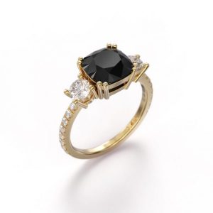 Cushion Cut Black Diamond Three Stone Engagement Ring 18K Yellow Gold Black Diamond Engagement Ring