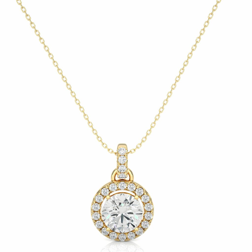 1.50 Carat Round Cut Halo Prong Setting Diamond Pendant In Rose Gold Yellow