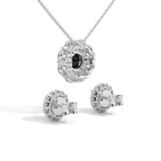 Elegant Round Cut Diamond Black Diamond Halo Pendant & Earrings Set