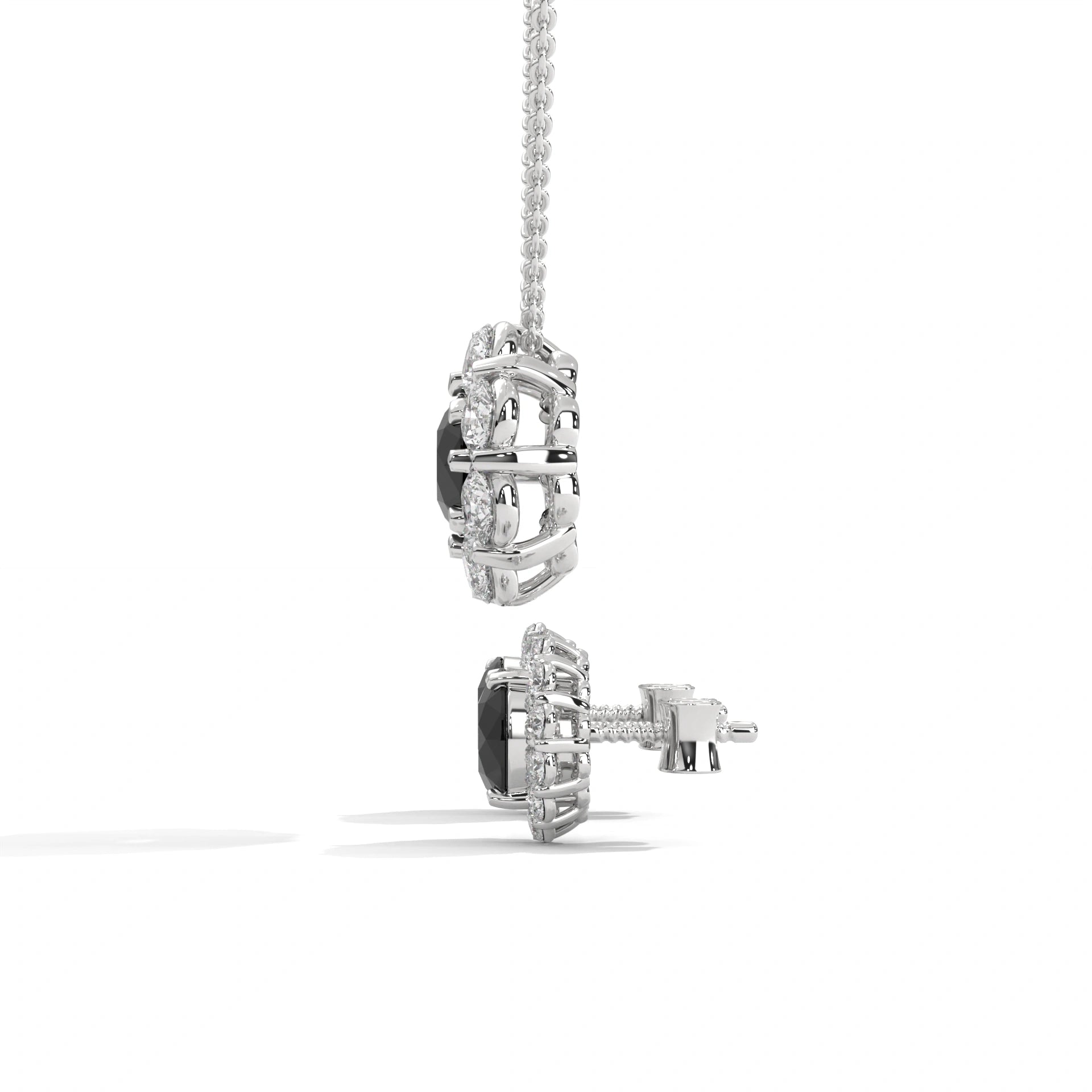 Elegant Round Cut Diamond Black Diamond Halo Pendant & Earrings Set