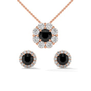 Elegant Round Cut Diamond Black Diamond Halo Pendant & Earrings Set 18K Rose Gold