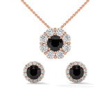 Elegant Round Cut Diamond Black Diamond Halo Pendant & Earrings Set