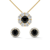 Elegant Round Cut Diamond Black Diamond Halo Pendant & Earrings Set 18K Yellow Gold