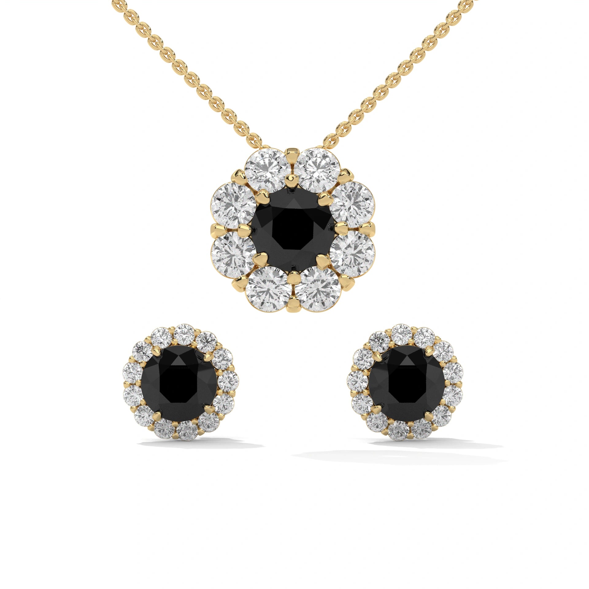 Elegant Round Cut Diamond Black Diamond Halo Pendant & Earrings Set 18K Yellow Gold