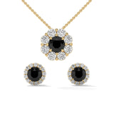 Elegant Round Cut Diamond Black Diamond Halo Pendant & Earrings Set