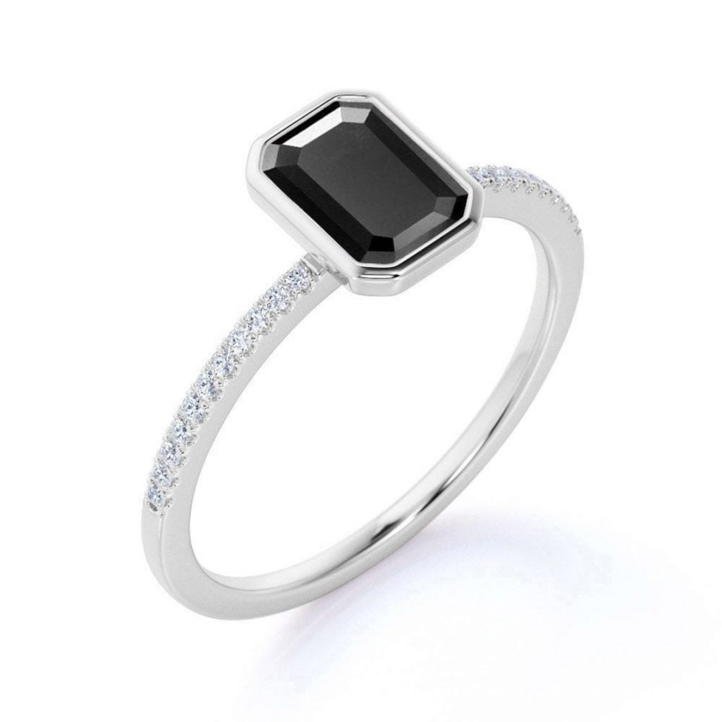 1.22 CT Emerald Cut Bezel Set Solitaire Black Diamond Ring Black Diamond Engagement Ring