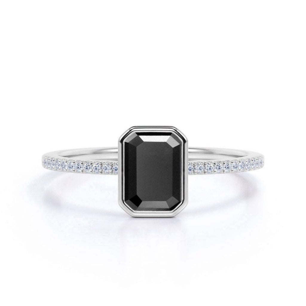 1.22 CT Emerald Cut Bezel Set Solitaire Black Diamond Ring Black Diamond Engagement Ring