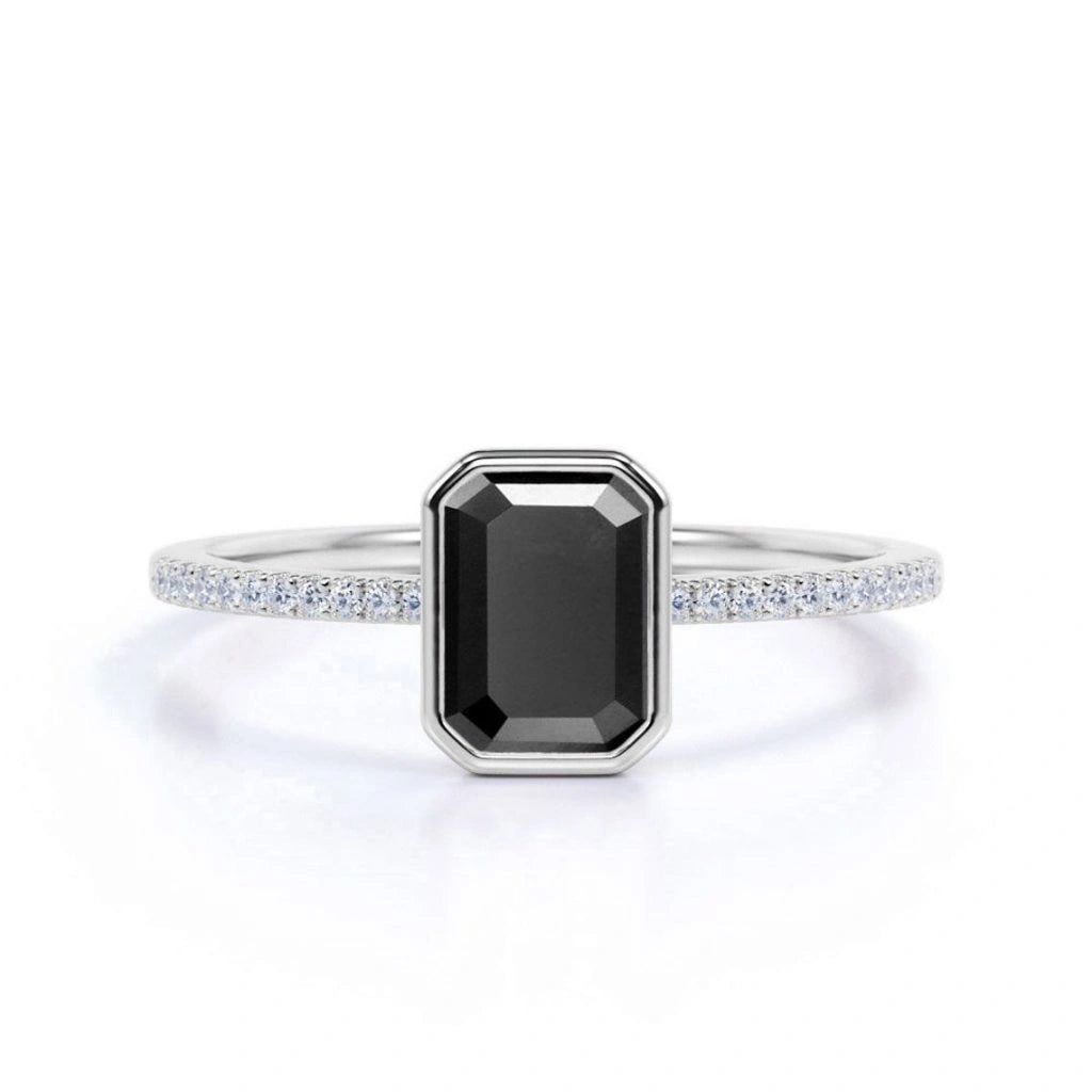 1.22 CT Emerald Cut Bezel Setting Solitaire Black Diamond Ring Black Diamond Ring