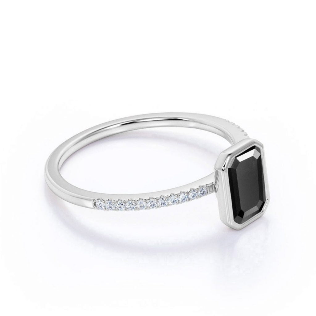 1.22 CT Emerald Cut Bezel Set Solitaire Black Diamond Ring Black Diamond Engagement Ring