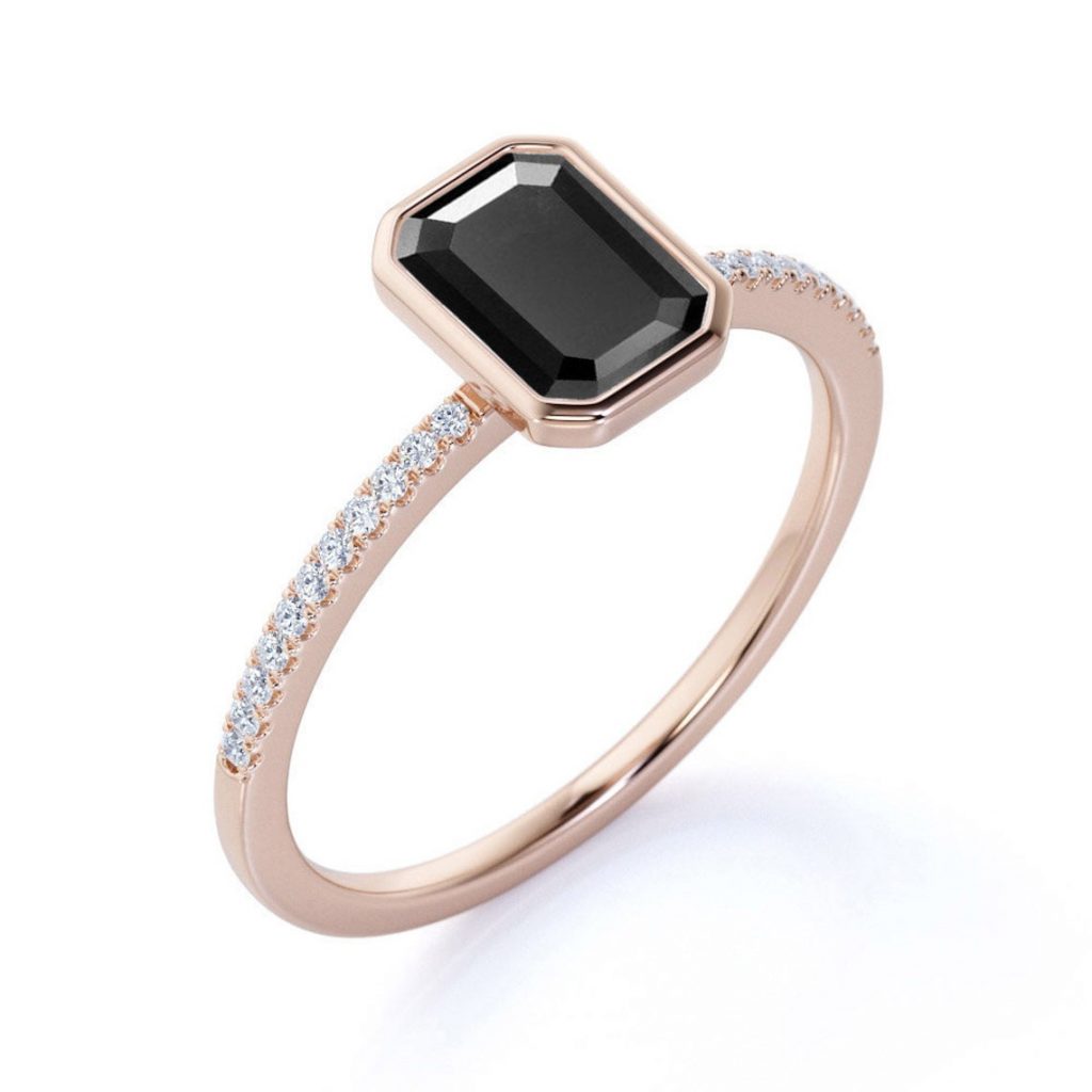 1.22 CT Emerald Cut Bezel Set Solitaire Black Diamond Ring 18K Rose Gold Black Diamond Engagement Ring