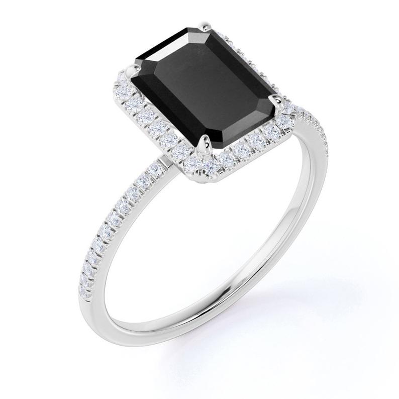 Buy Emerald Black Diamond Halo Engagement Ring With Accent Black Diamond Engagement Ring