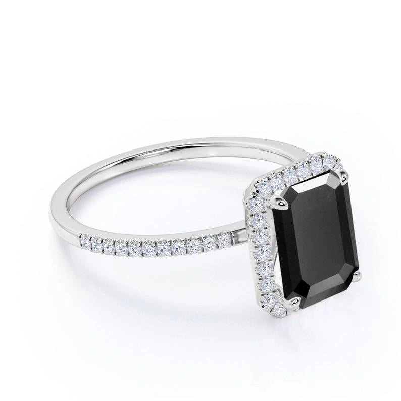 Buy Emerald Cut Black Diamond Halo Engagement Rings With Accent Black Diamond Engagement Ring