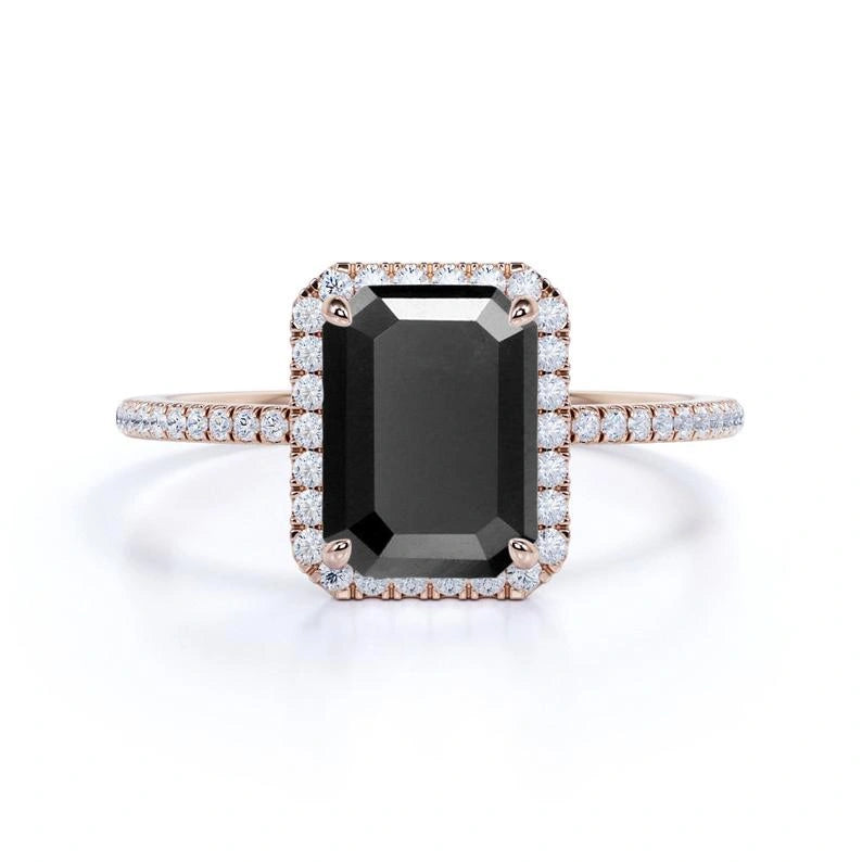 Buy Emerald Cut Black Diamond Halo Engagement Rings With Accent Black Diamond Engagement Ring