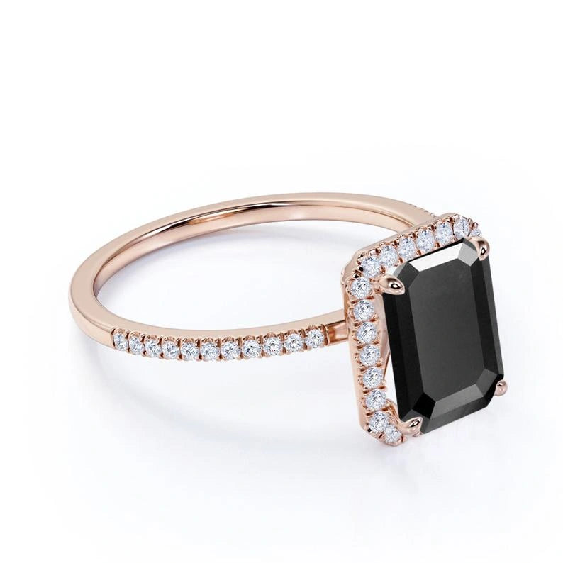 Buy Emerald Cut Black Diamond Halo Engagement Rings With Accent Black Diamond Engagement Ring