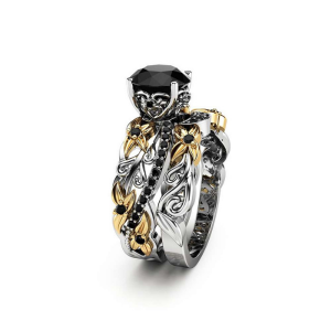 2 Carat Round Cut Floral Prong Gold Bridal Set Black Diamond Ring Black Diamond Wedding Rings