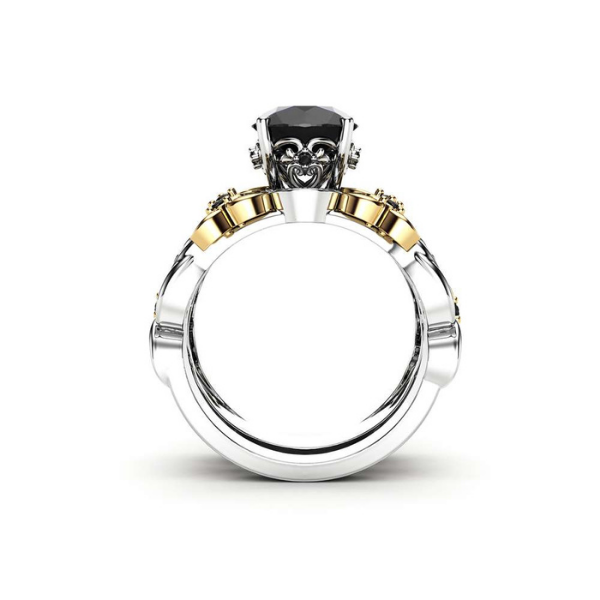 2 Carat Round Cut Floral Prong Gold Bridal Set Black Diamond Ring Black Diamond Wedding Rings