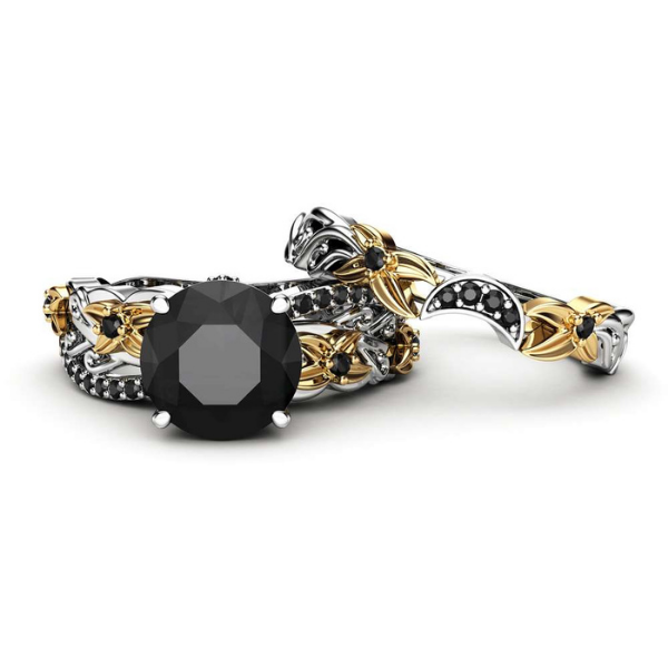 2 Carat Round Cut Floral Prong Gold Bridal Set Black Diamond Ring 18K Yellow Gold Black Diamond Wedding Rings