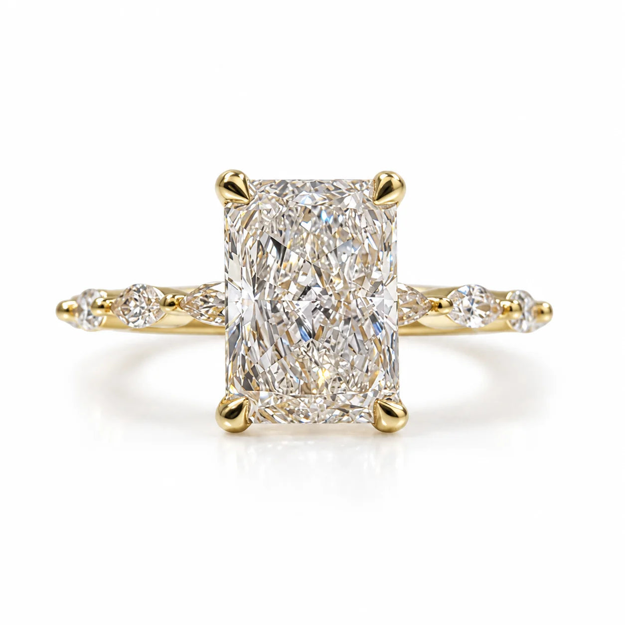 Front View of 2.5 ct Radiant Cut Diamond Engagement Ring with Marquise Accents