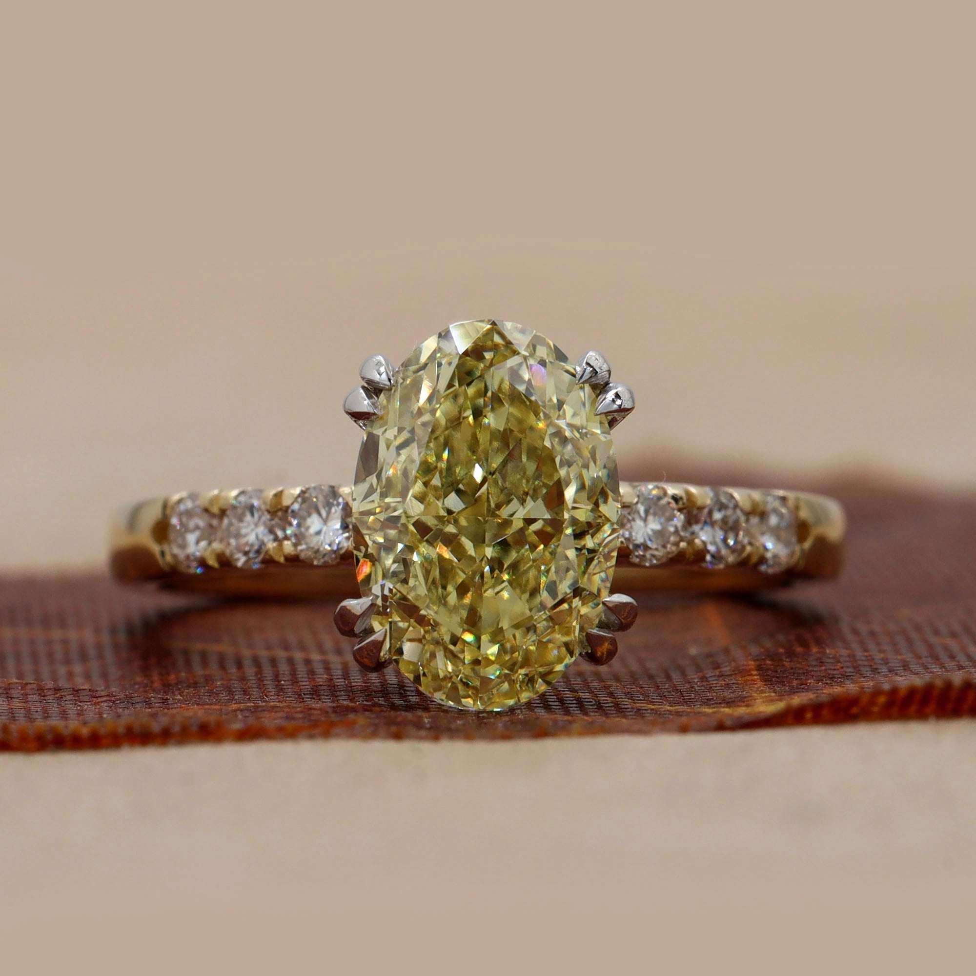 Front View of 3.45ct Oval Fancy Yellow Diamond Ring with Accents