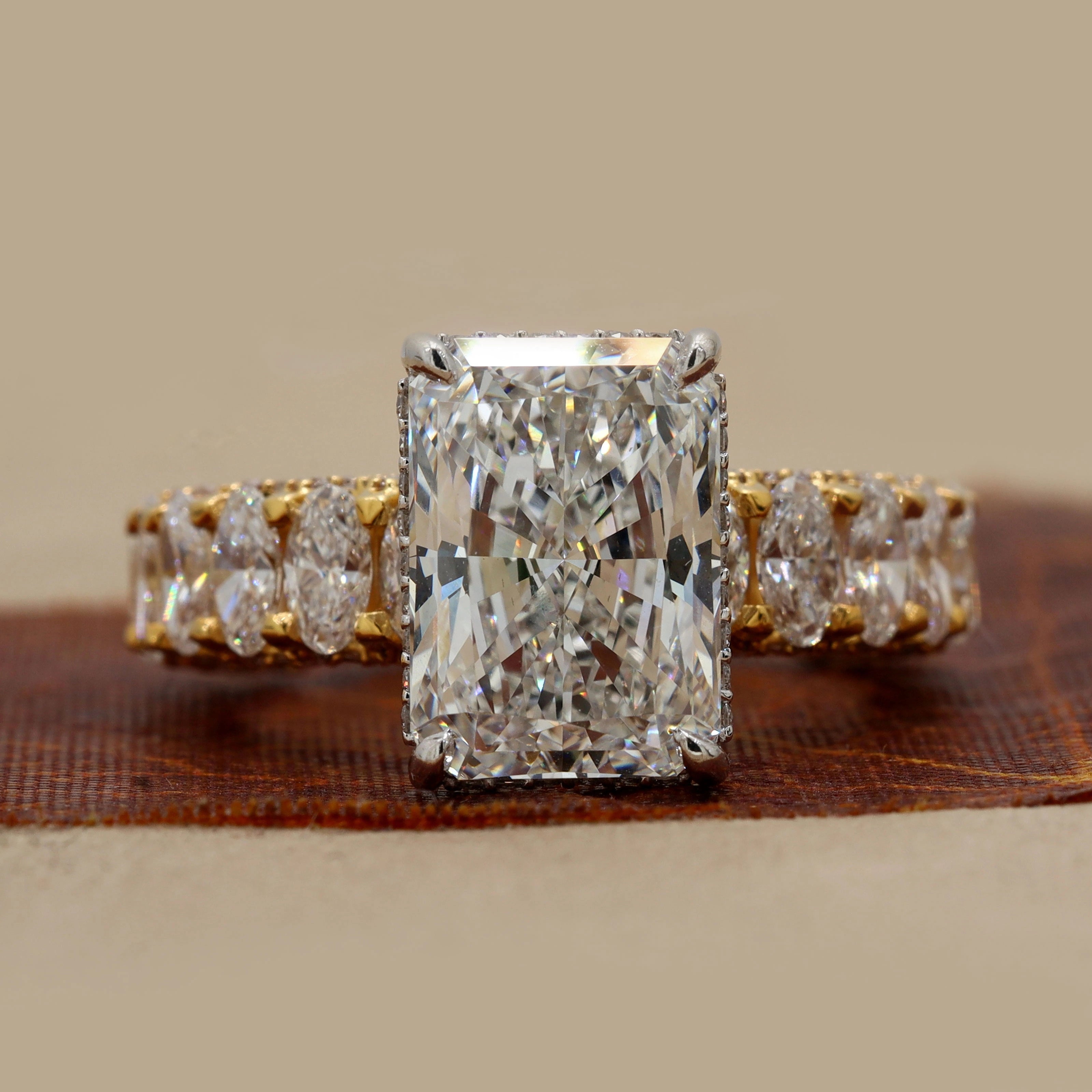 11.68 CT Radiant Cut Diamond Engagement Ring with Two-Tone High-Prong Multi-Row Pavé Setting & Hidden Halo 18K Yellow Gold