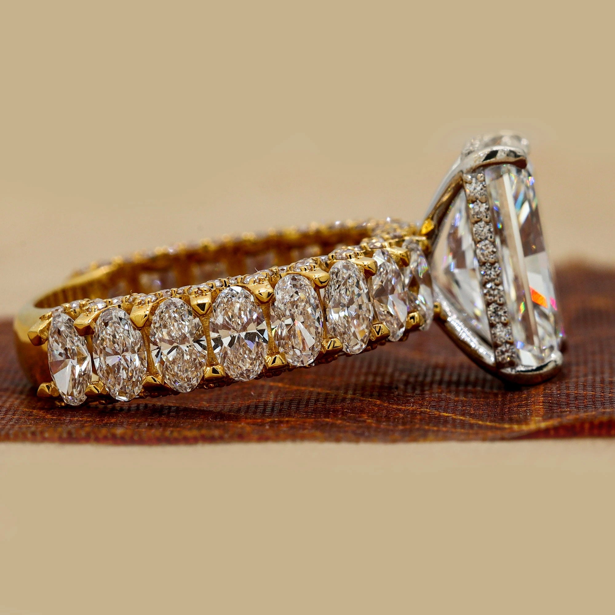 11.68 CT Radiant Cut Diamond Engagement Ring with Two-Tone High-Prong Multi-Row Pavé Setting & Hidden Halo