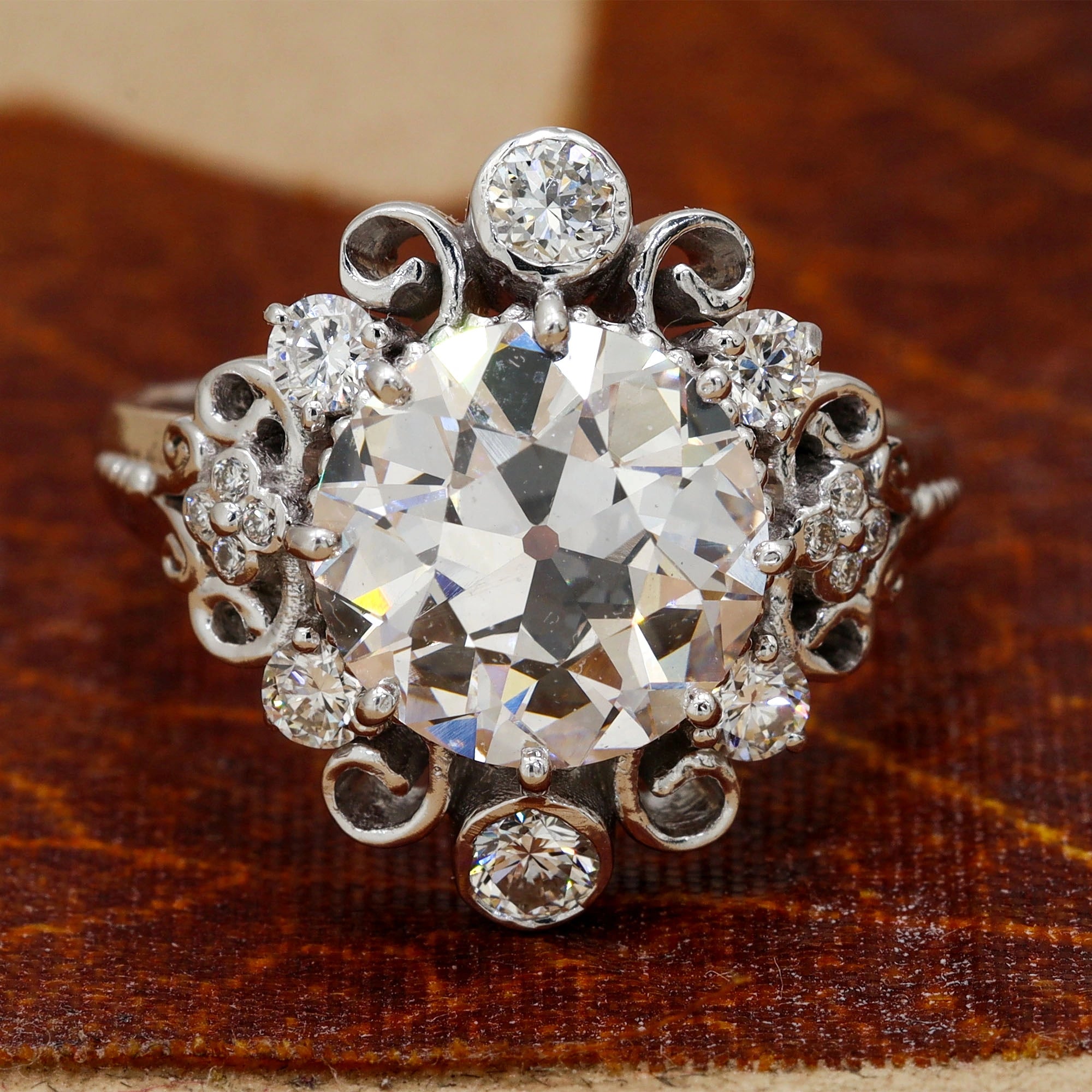 3.99 Ct Antique Diamond Cluster Ring with Openwork Illusion Prong Setting 18K White Gold