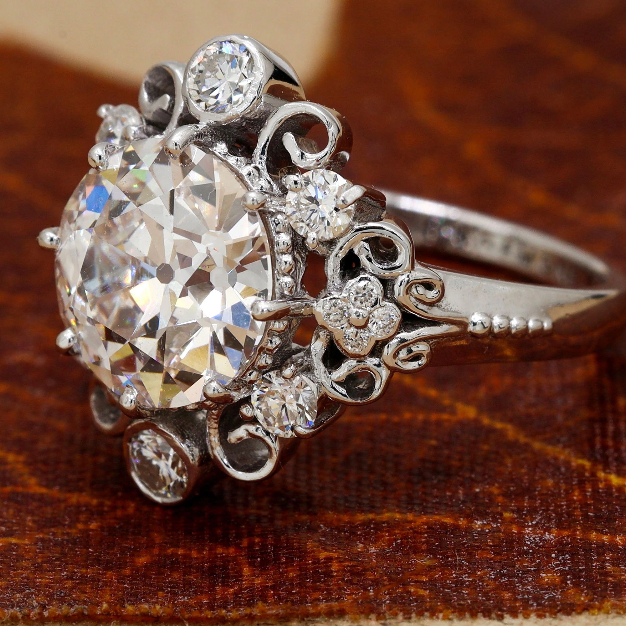 3.99 Ct Antique Diamond Cluster Ring with Openwork Illusion Prong Setting