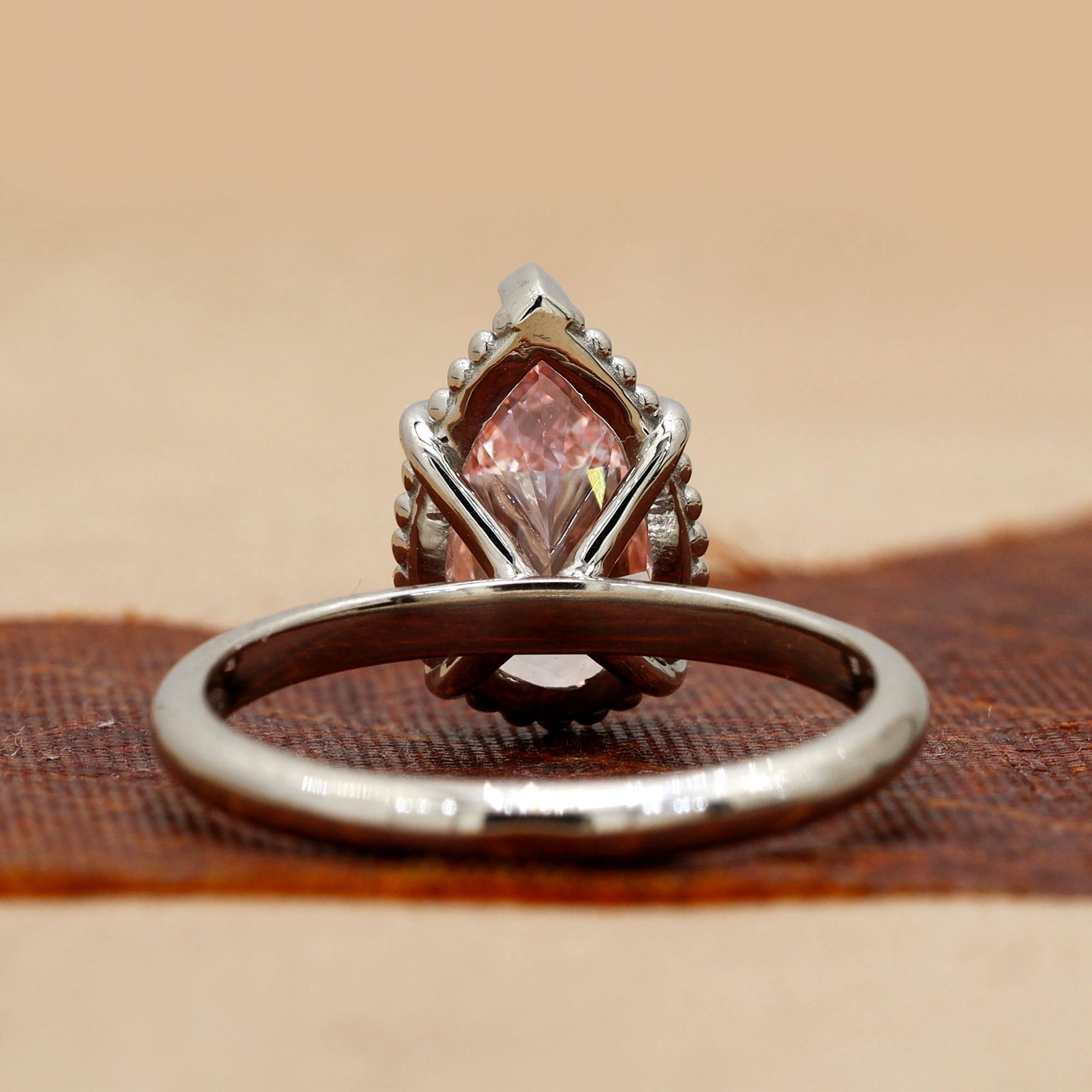 Back View Of 3 Carat Pink Pear Cut Diamond Solitaire Ring with Plain Band in Prong Setting