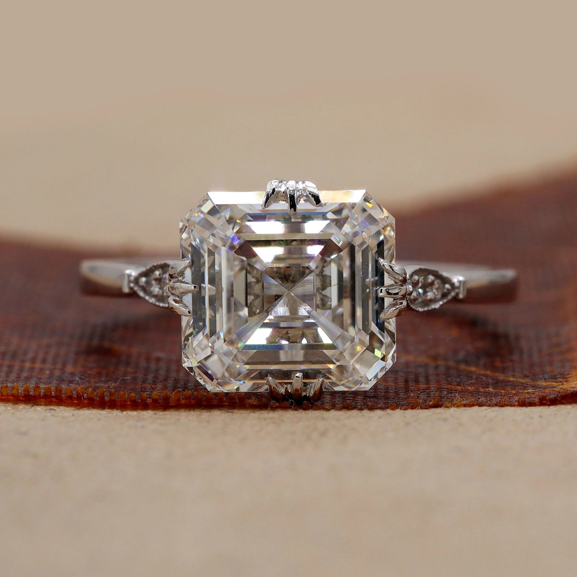 4.09 Ct Asscher Cut Diamond Engagement Ring with Vintage-Style Four-Prong setting 18K White Gold