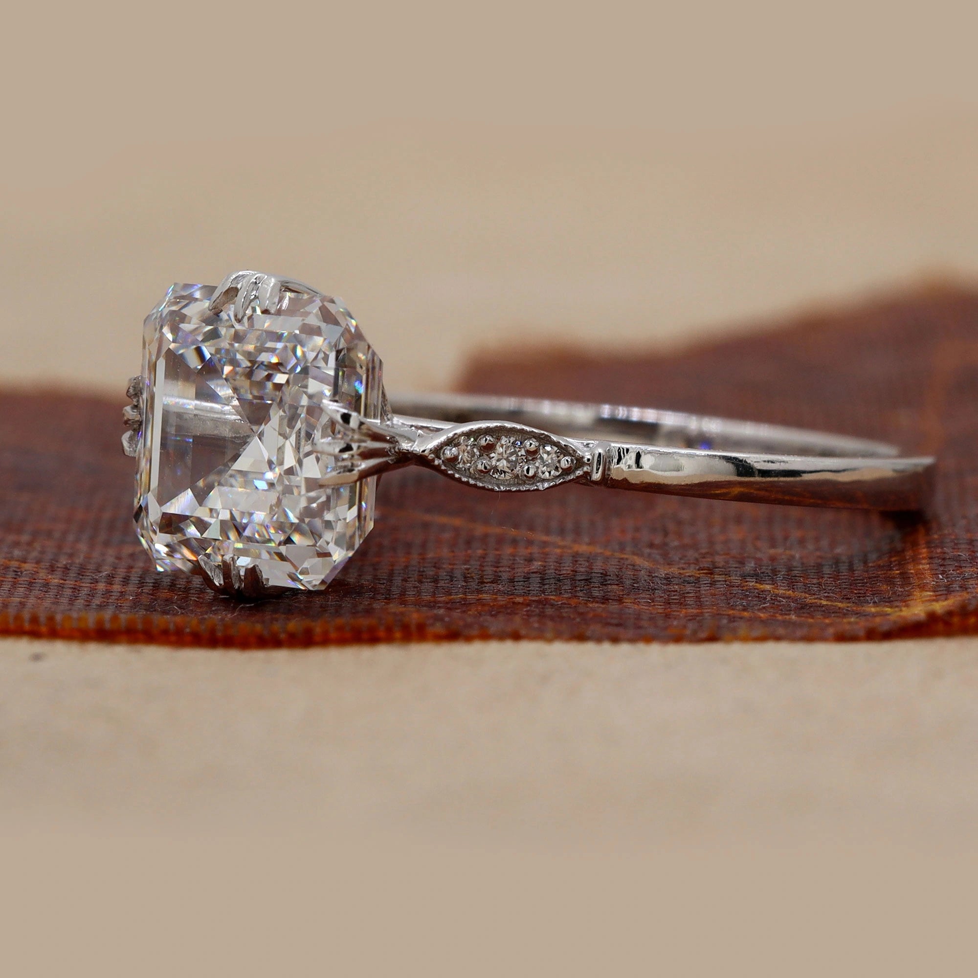 Side view of 4.09 Carat Asscher Cut Vintage Solitaire Ring & Accent Stones