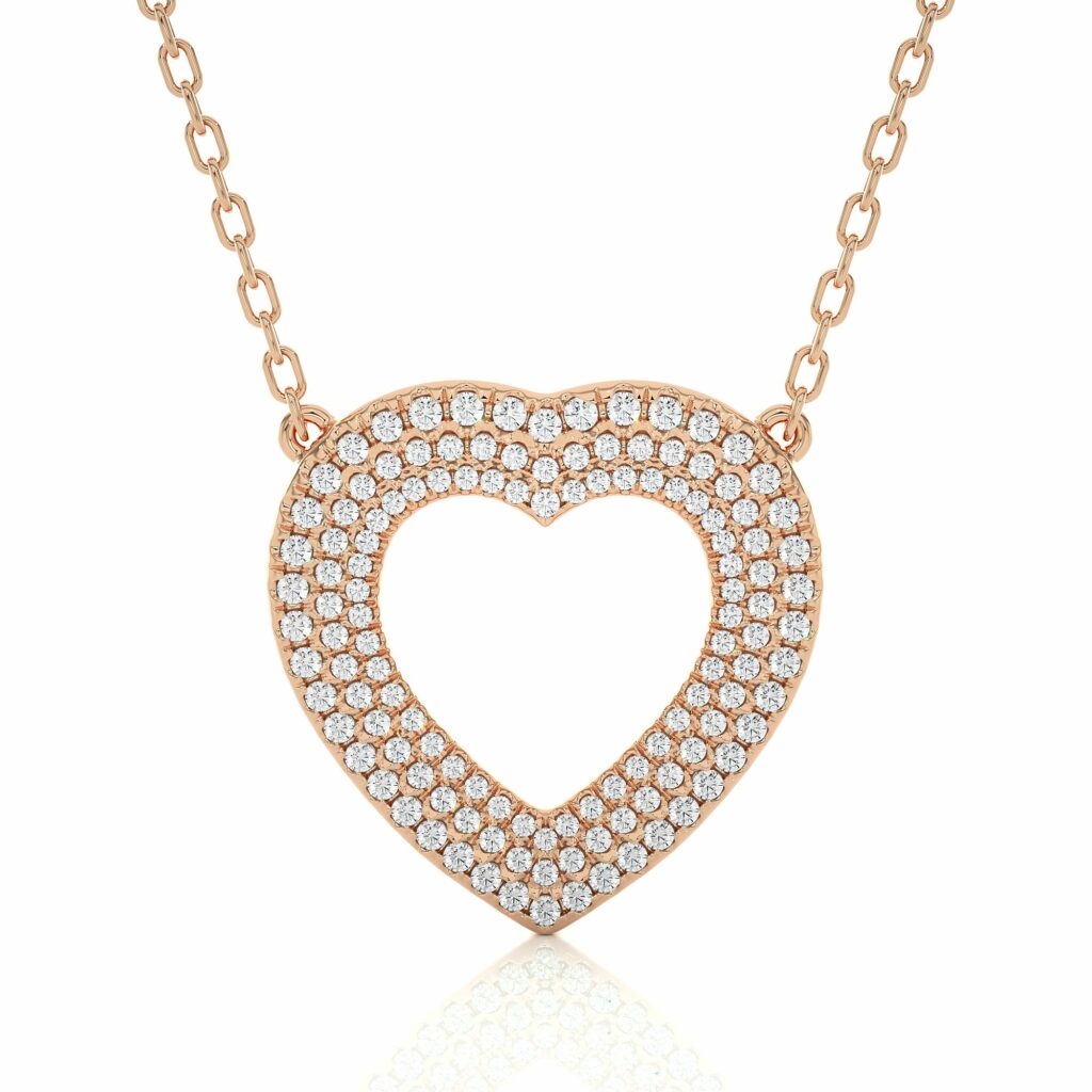 0.75 Ct Round Cut 3 Row Pave Set Heart Shaped Lab Diamond Pendant In White Gold Rose