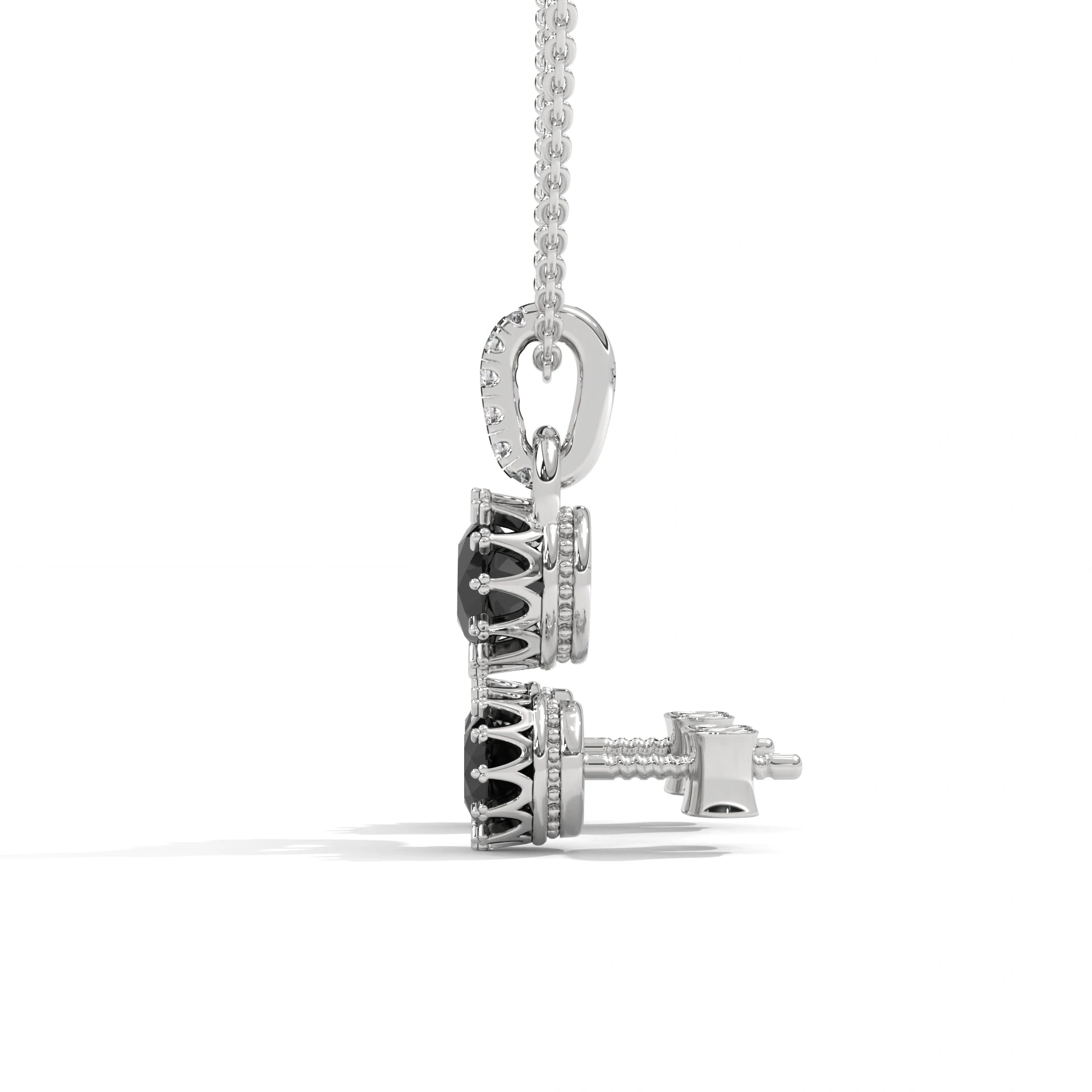 Round Cut Natural Black Diamond Pendant & Stud Earrings Set in White Gold