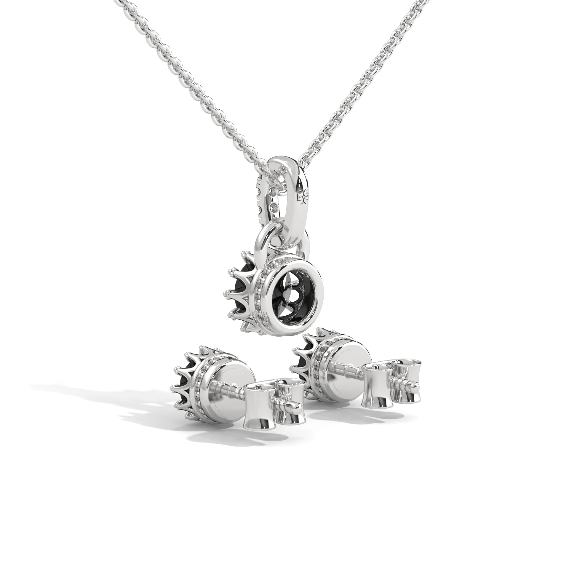 Round Cut Natural Black Diamond Pendant & Stud Earrings Set in White Gold