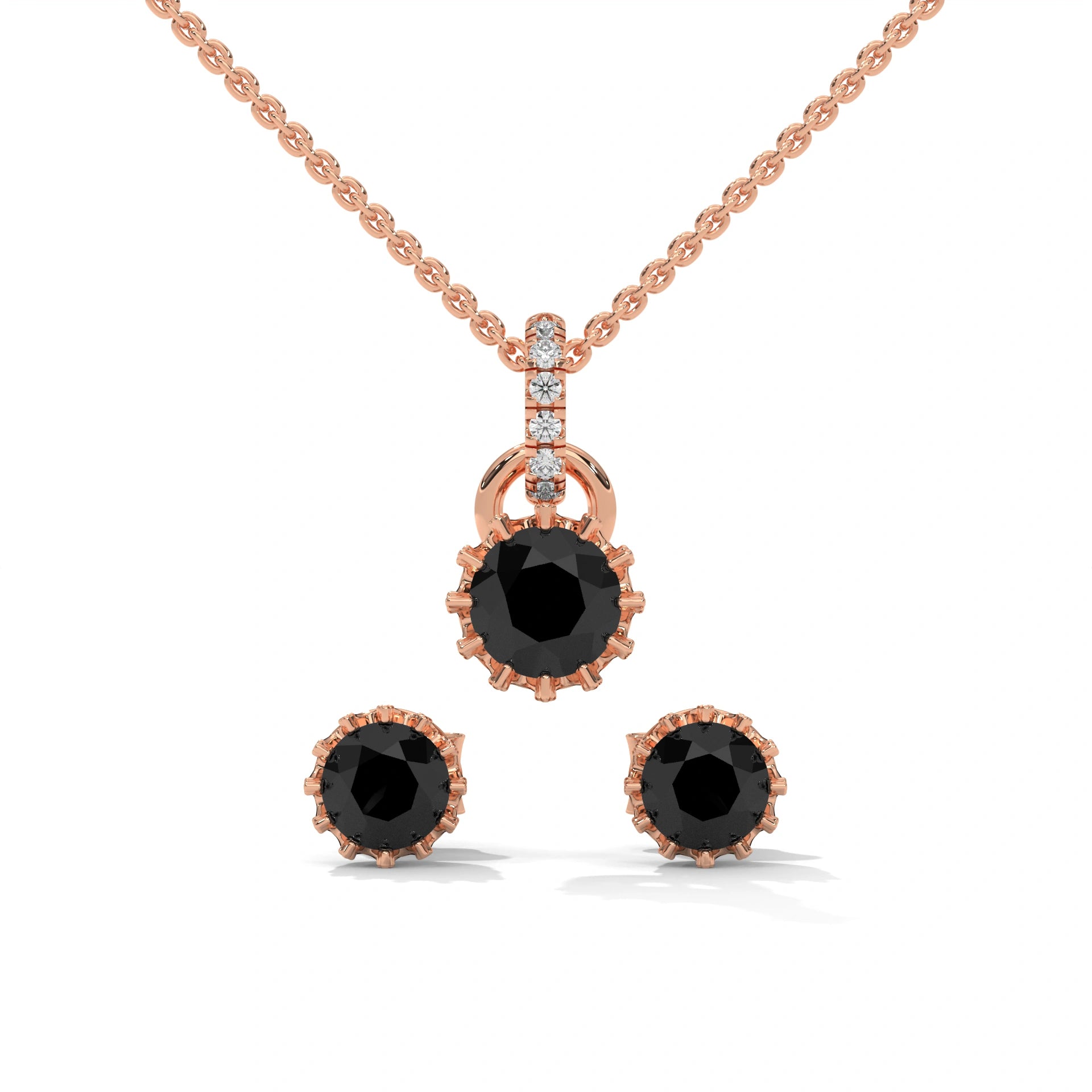 Round Cut Natural Black Diamond Pendant & Stud Earrings Set in White Gold 18K Rose Gold