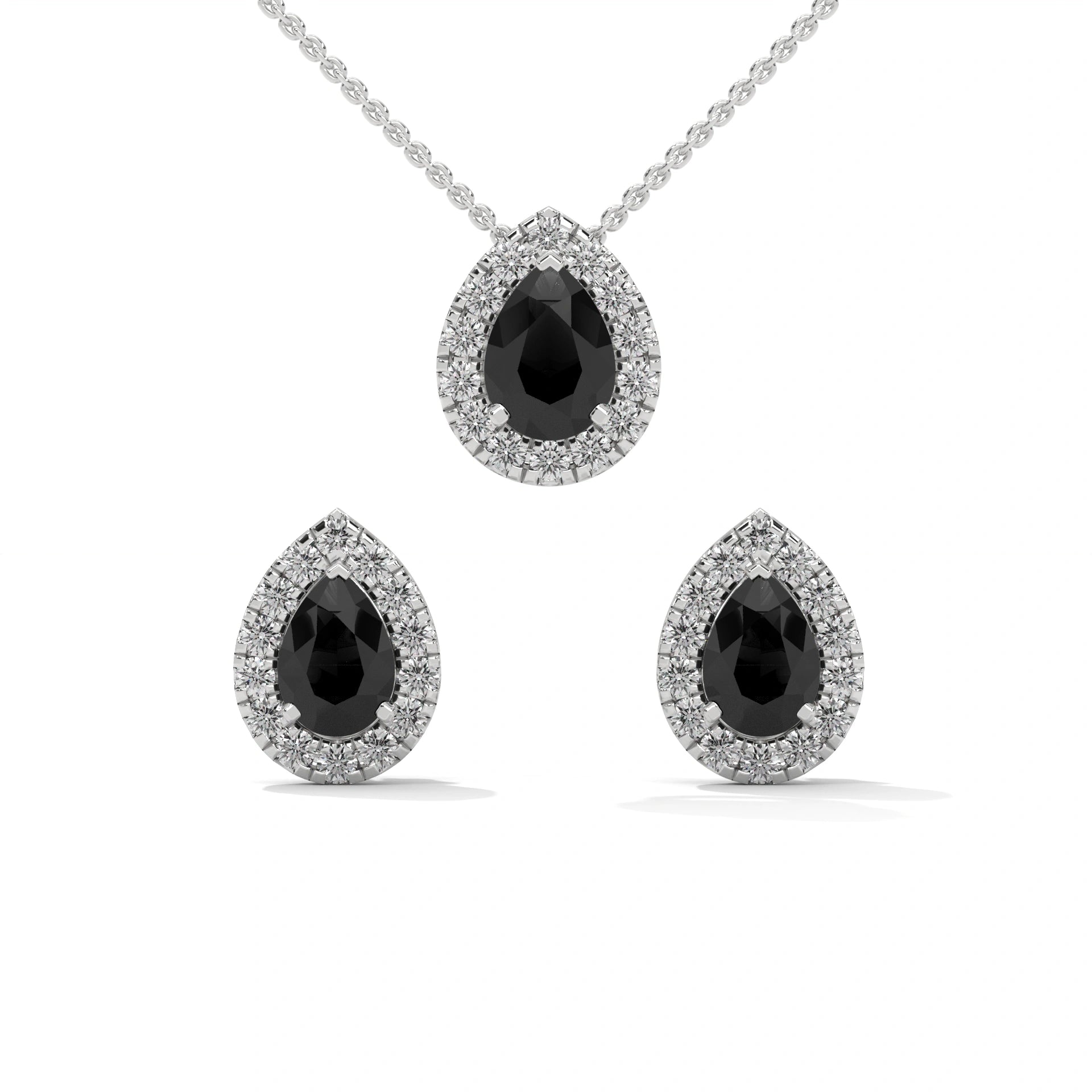 Pear Shaped Black Diamond Halo Pendant & Stud Earrings Set in White Gold