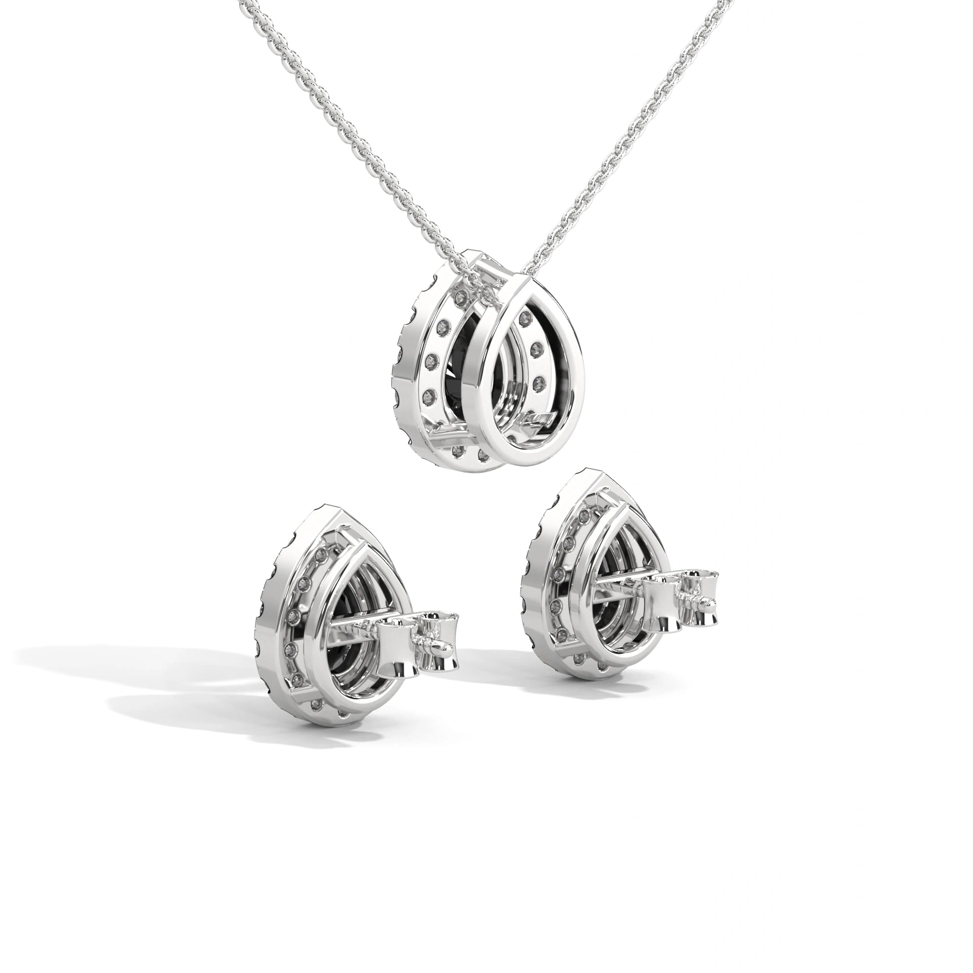 Pear Shaped Black Diamond Halo Pendant & Stud Earrings Set in White Gold