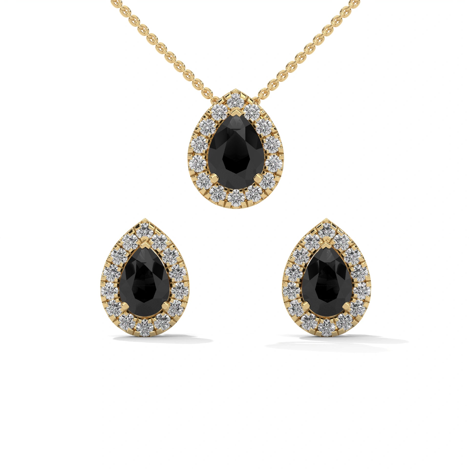 Pear Shaped Black Diamond Halo Pendant & Stud Earrings Set in White Gold 18K Yellow Gold
