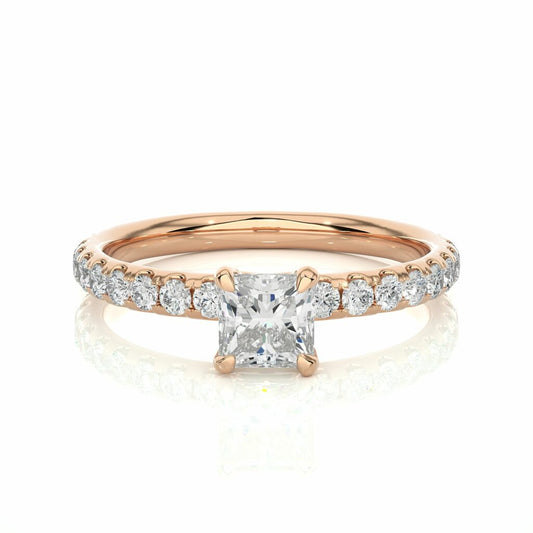 1 Ct Princess Cut Prong Set Diamond Ring With Accents In Rose Gold