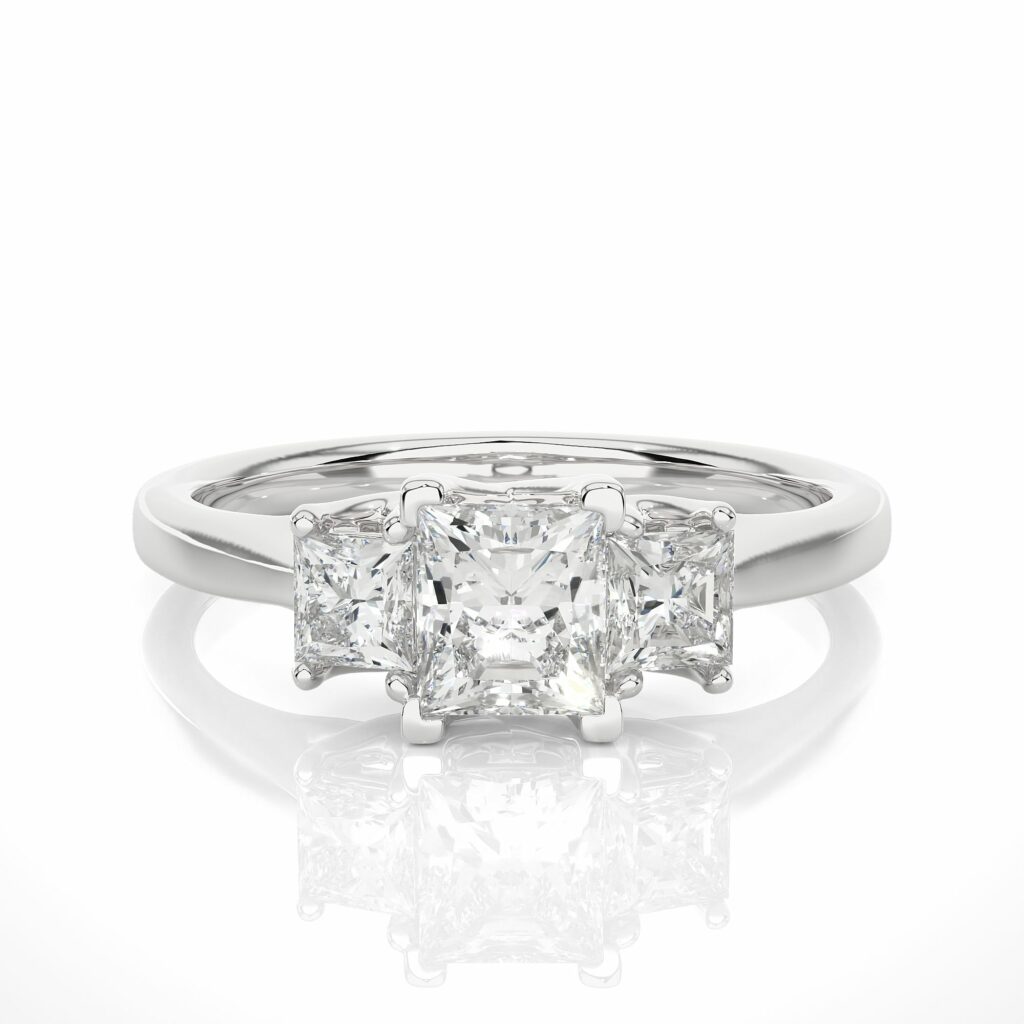 1.02 Carat Princess Cut Diamond Three Stone Ring with Sleek Band 950 Platinum Natural Diamond Three Stone Engagement Rings