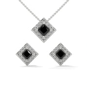 Princess Cut Diamond Black Diamond Pendant & Earrings Halo Set