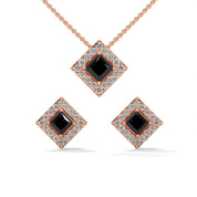 Princess Cut Diamond Black Diamond Pendant & Earrings Halo Set 18K Rose Gold