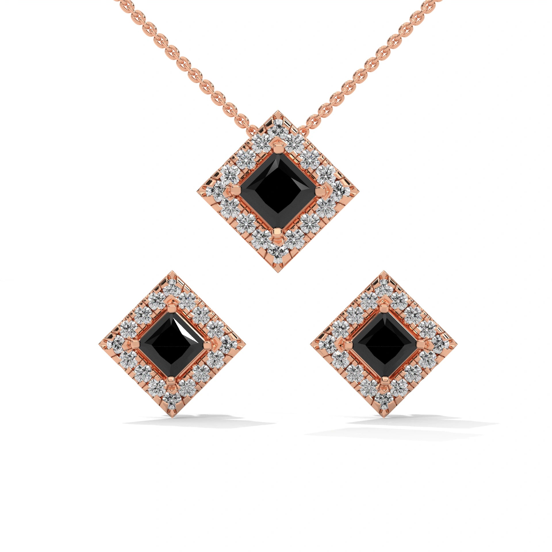 Princess Cut Diamond Black Diamond Pendant & Earrings Halo Set 18K Rose Gold