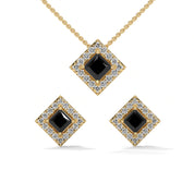 Princess Cut Diamond Black Diamond Pendant & Earrings Halo Set 18K Yellow Gold