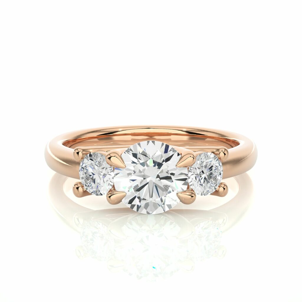1.40 Ct Round Cut 4 Prong Set 3 Stone Moissanite Engagement Ring In White Gold Rose Moissanite Engagement Rings
