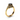 Angle view of yellow gold ring with large round black gemstone, vintage floral design, and small black accents on the band.