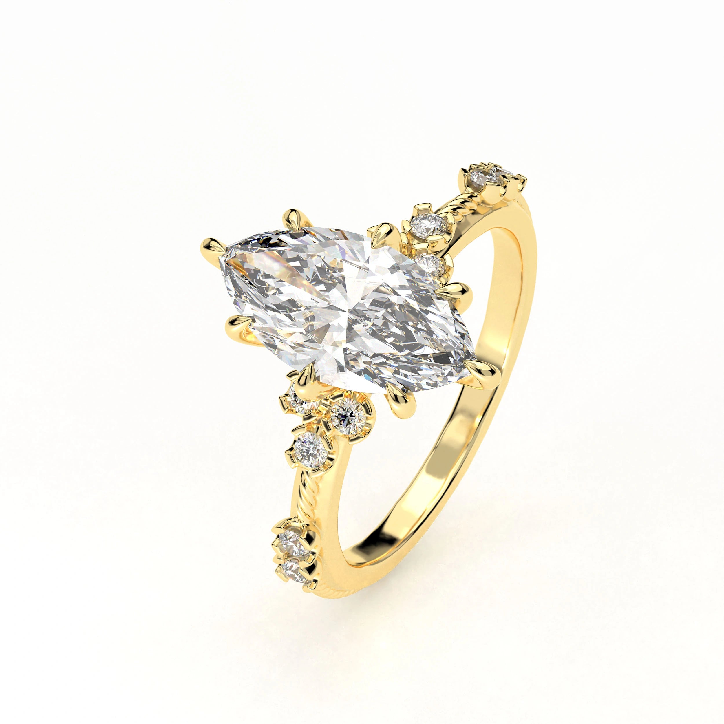 Angled View Of 2.18ct Marquise Lab Diamond Ring with Accent Stones