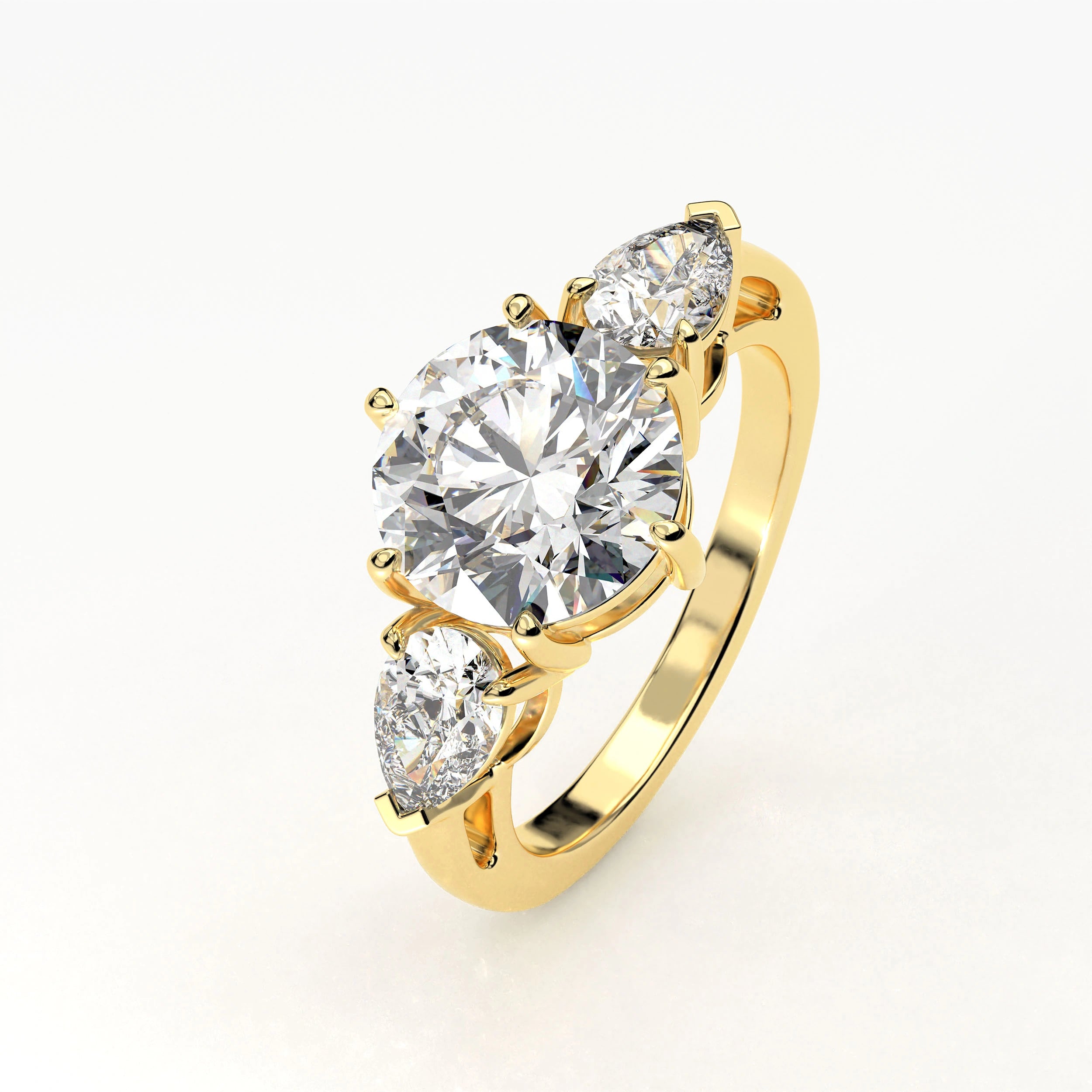 Angled View Of 3.75 Ct Three Stone Lab Diamond Ring with Pear Side Stones Lab Diamond