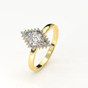 Angled View Of 0.61 carat Lozenge Shape Halo Diamond Ring with Vintage Cluster Frame