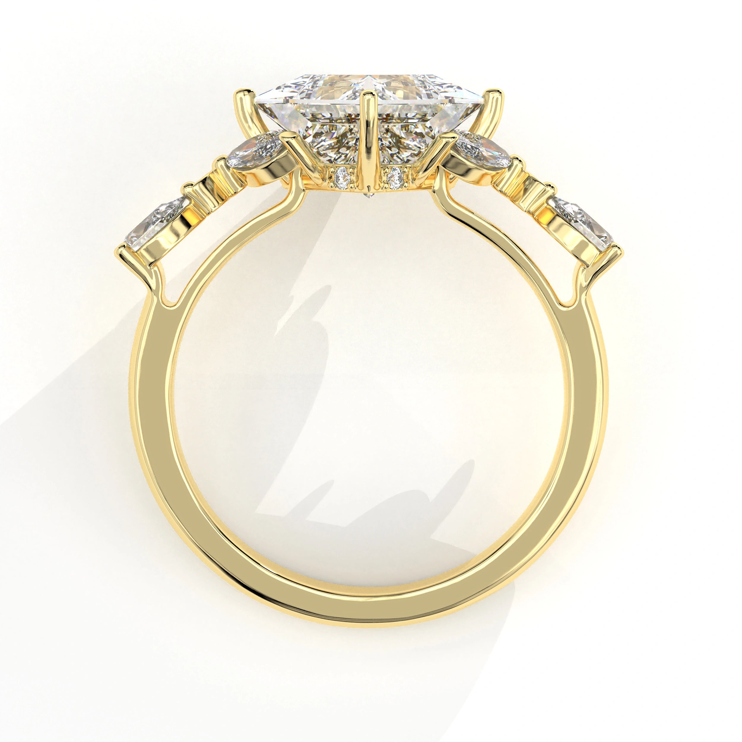 Metal View Of 2.78 Ct Princess Cut Lab Diamond Ring with Marquise, Pear Side Stones
